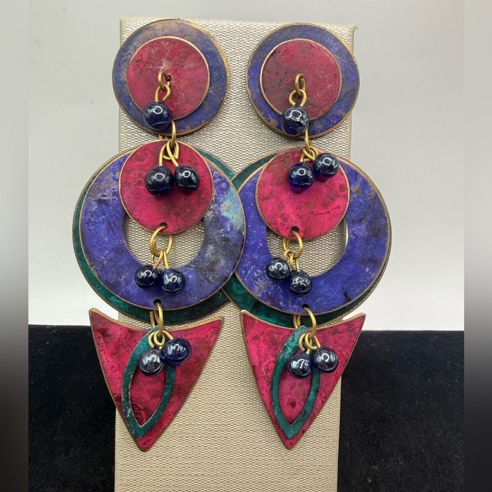 Vintage 80s Geometric Statement Dangle Earrings 3.5” Colorful Patina Art